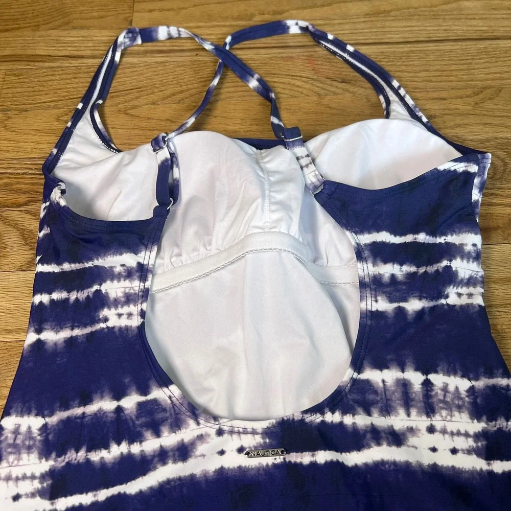 Nautica Womens Tie Dye‎ One Piece Swimsuit Blue White Ruched Shelf Bra XL